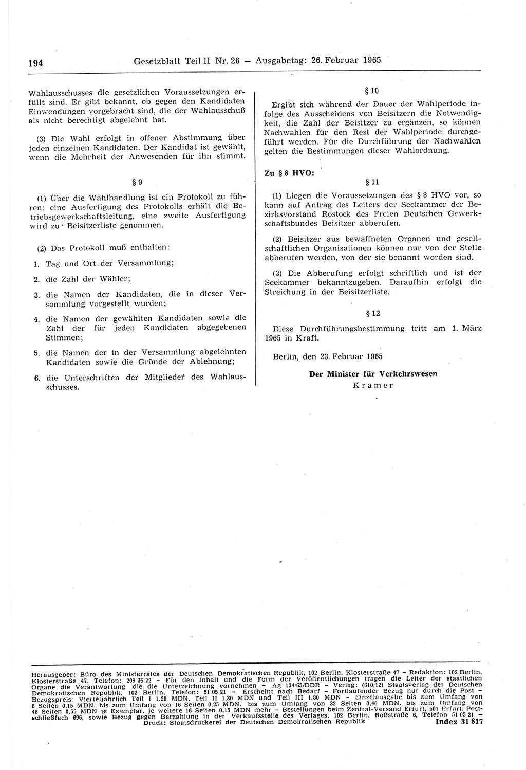 Gesetzblatt (GBl.) der Deutschen Demokratischen Republik (DDR) Teil ⅠⅠ 1965, Seite 194 (GBl. DDR ⅠⅠ 1965, S. 194)