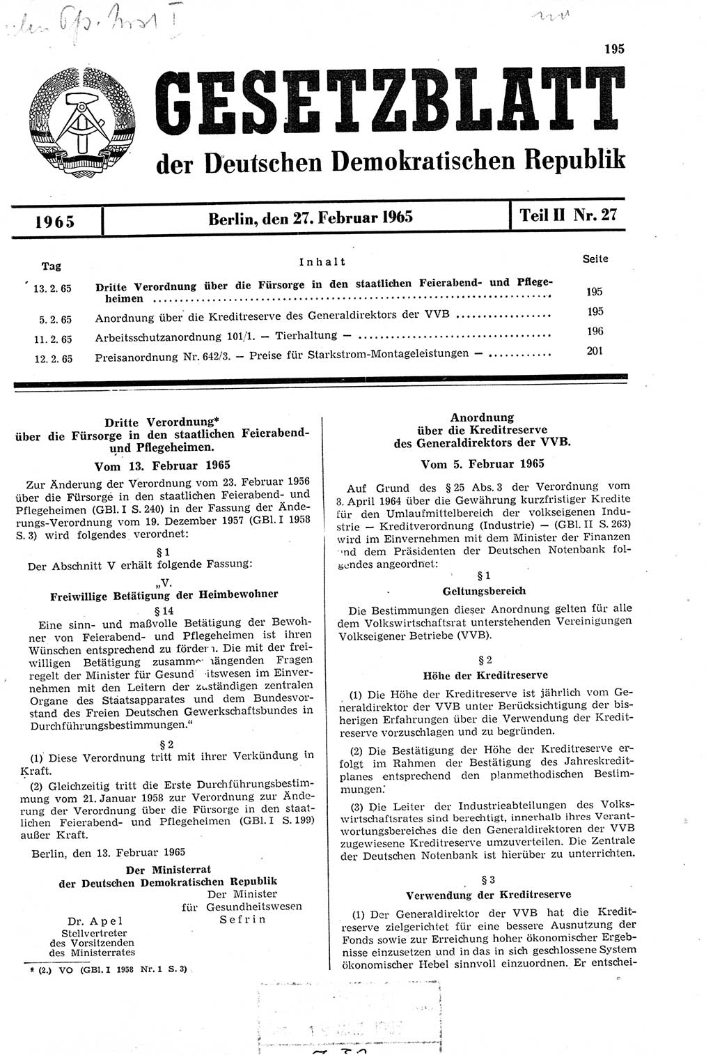 Gesetzblatt (GBl.) der Deutschen Demokratischen Republik (DDR) Teil ⅠⅠ 1965, Seite 195 (GBl. DDR ⅠⅠ 1965, S. 195)