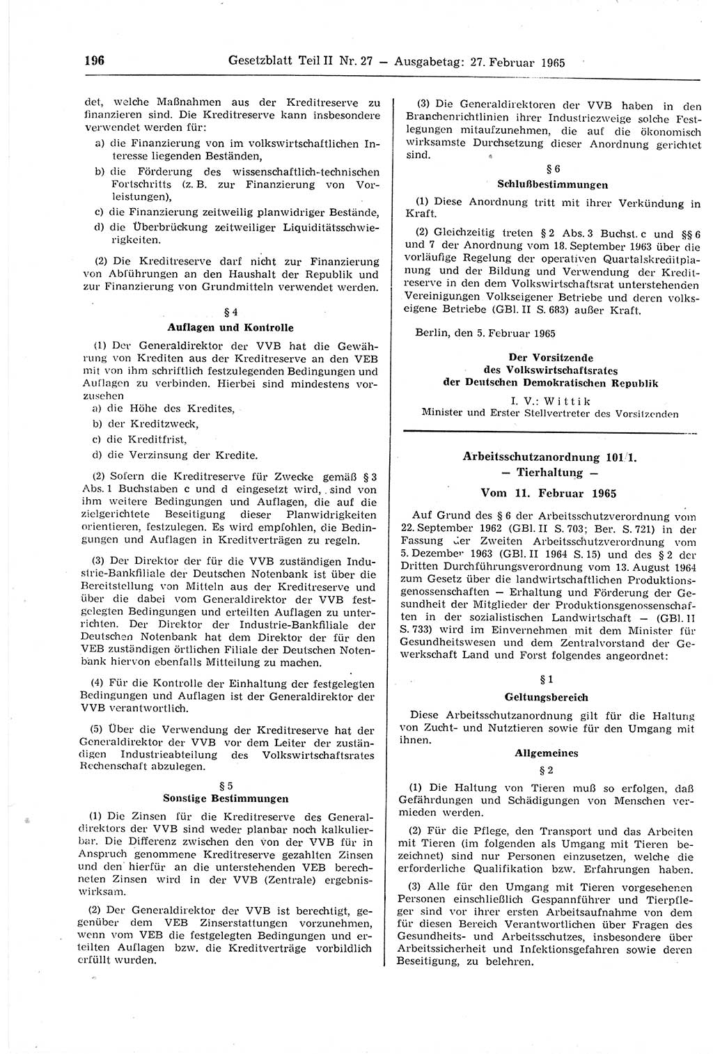 Gesetzblatt (GBl.) der Deutschen Demokratischen Republik (DDR) Teil ⅠⅠ 1965, Seite 196 (GBl. DDR ⅠⅠ 1965, S. 196)