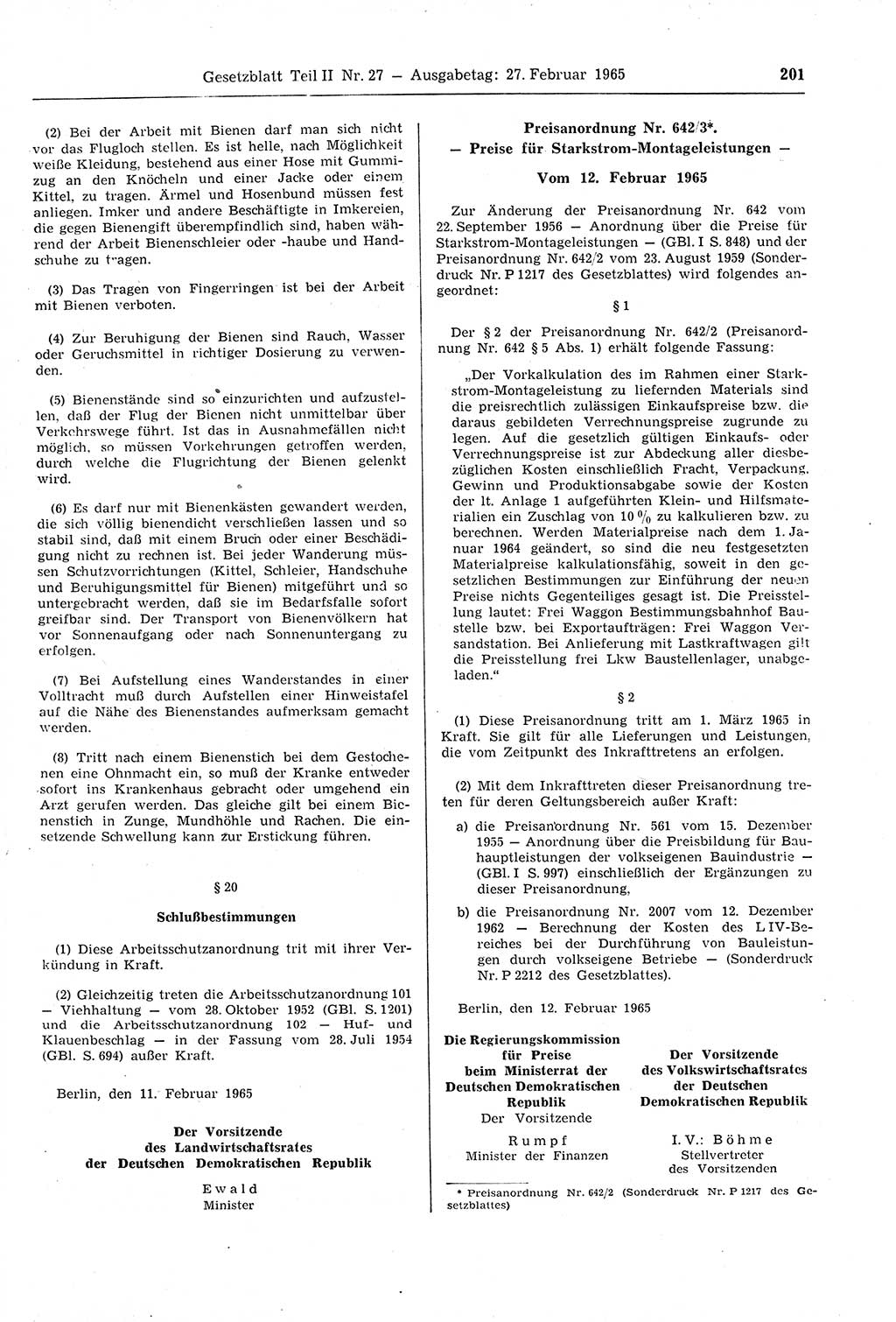 Gesetzblatt (GBl.) der Deutschen Demokratischen Republik (DDR) Teil ⅠⅠ 1965, Seite 201 (GBl. DDR ⅠⅠ 1965, S. 201)