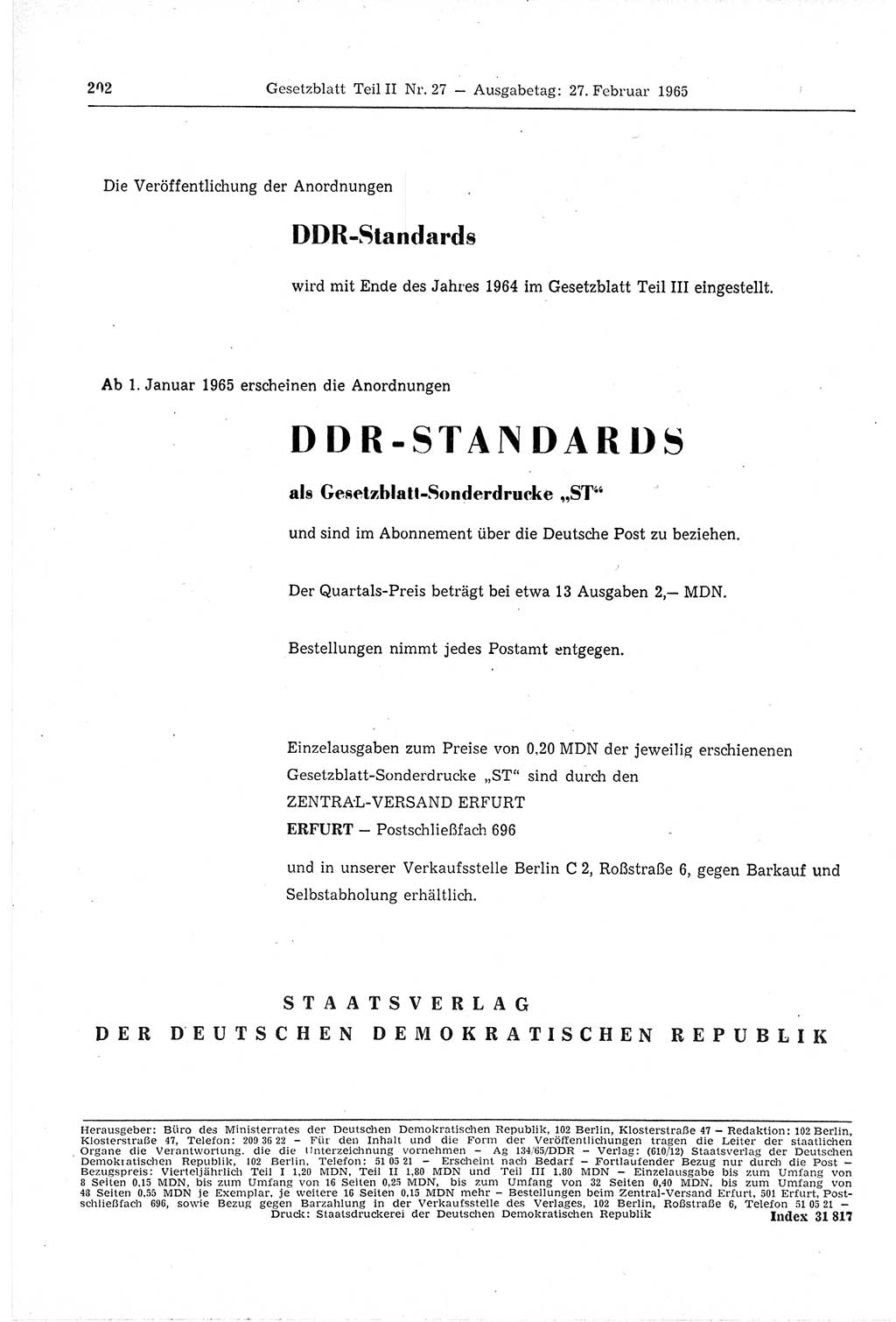 Gesetzblatt (GBl.) der Deutschen Demokratischen Republik (DDR) Teil ⅠⅠ 1965, Seite 202 (GBl. DDR ⅠⅠ 1965, S. 202)