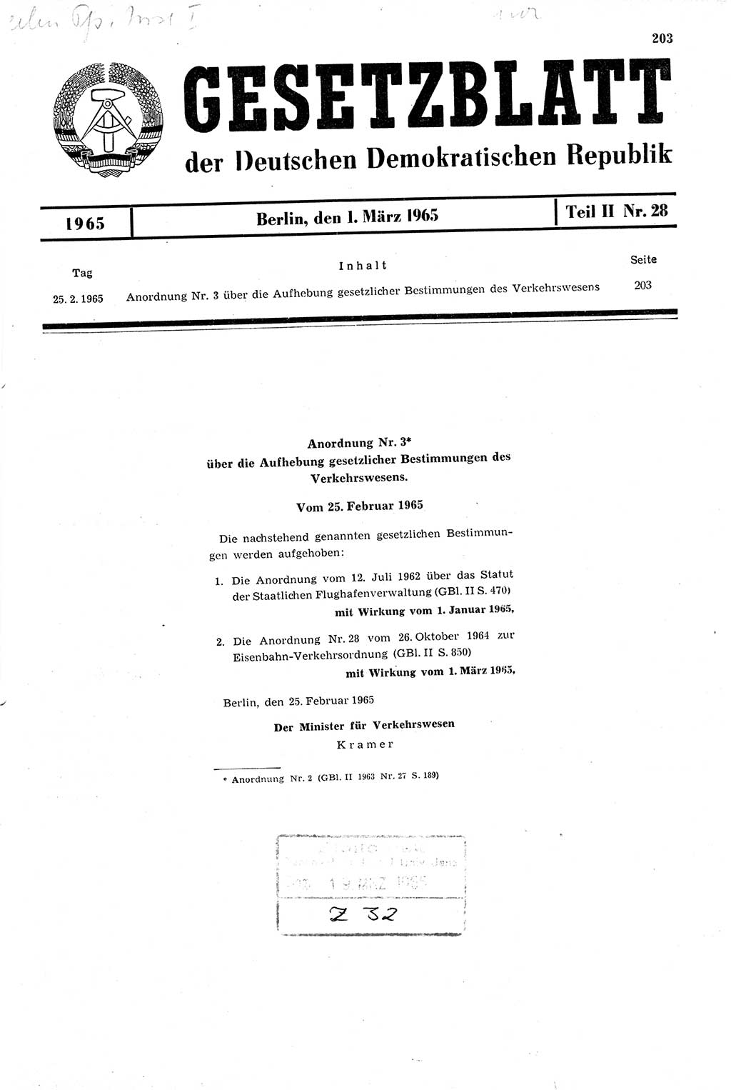 Gesetzblatt (GBl.) der Deutschen Demokratischen Republik (DDR) Teil ⅠⅠ 1965, Seite 203 (GBl. DDR ⅠⅠ 1965, S. 203)