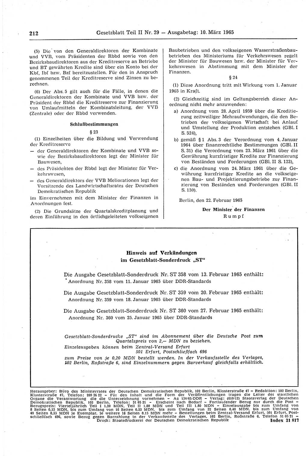 Gesetzblatt (GBl.) der Deutschen Demokratischen Republik (DDR) Teil ⅠⅠ 1965, Seite 212 (GBl. DDR ⅠⅠ 1965, S. 212)