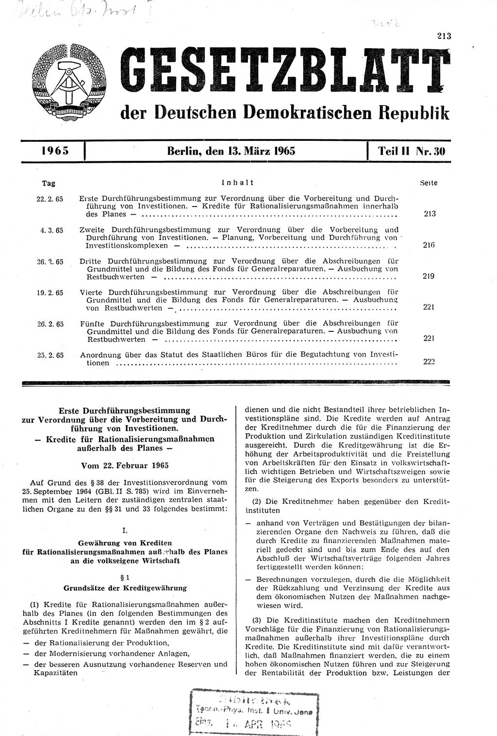 Gesetzblatt (GBl.) der Deutschen Demokratischen Republik (DDR) Teil ⅠⅠ 1965, Seite 213 (GBl. DDR ⅠⅠ 1965, S. 213)