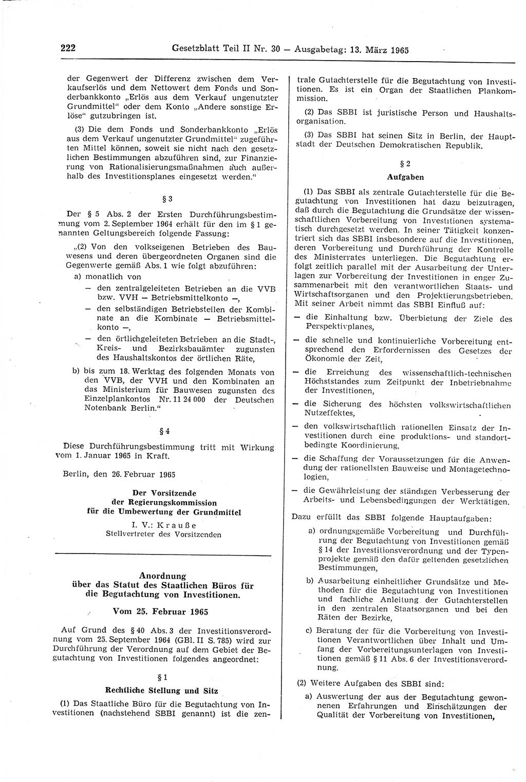 Gesetzblatt (GBl.) der Deutschen Demokratischen Republik (DDR) Teil ⅠⅠ 1965, Seite 222 (GBl. DDR ⅠⅠ 1965, S. 222)