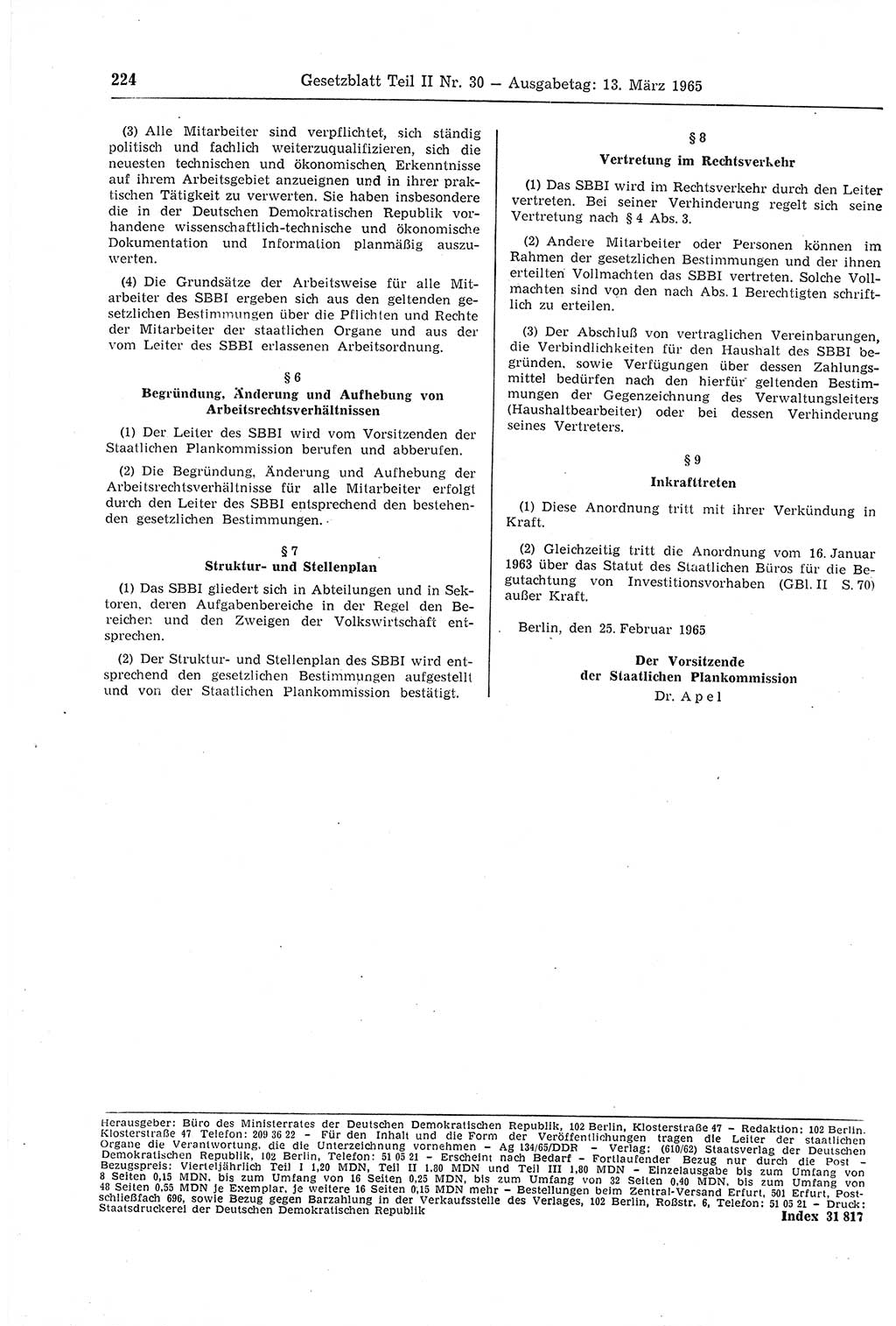 Gesetzblatt (GBl.) der Deutschen Demokratischen Republik (DDR) Teil ⅠⅠ 1965, Seite 224 (GBl. DDR ⅠⅠ 1965, S. 224)