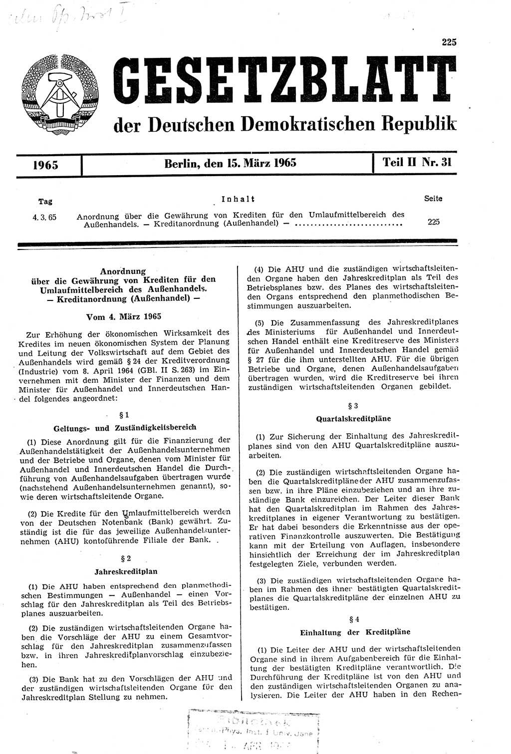 Gesetzblatt (GBl.) der Deutschen Demokratischen Republik (DDR) Teil ⅠⅠ 1965, Seite 225 (GBl. DDR ⅠⅠ 1965, S. 225)