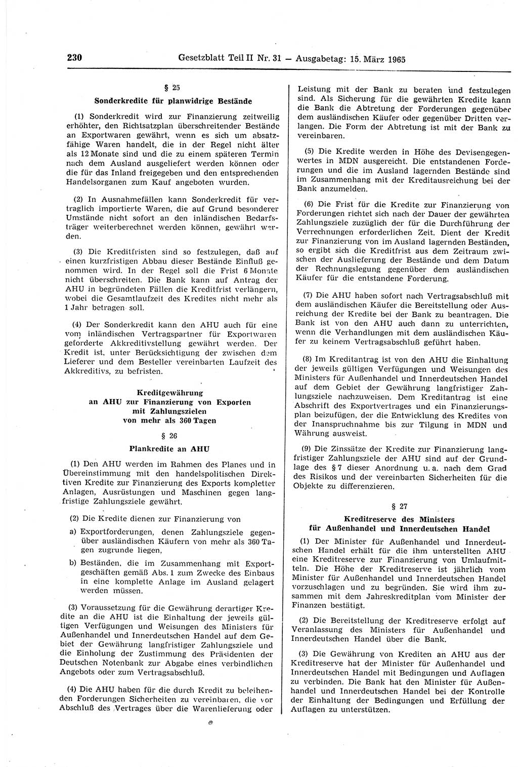 Gesetzblatt (GBl.) der Deutschen Demokratischen Republik (DDR) Teil ⅠⅠ 1965, Seite 230 (GBl. DDR ⅠⅠ 1965, S. 230)
