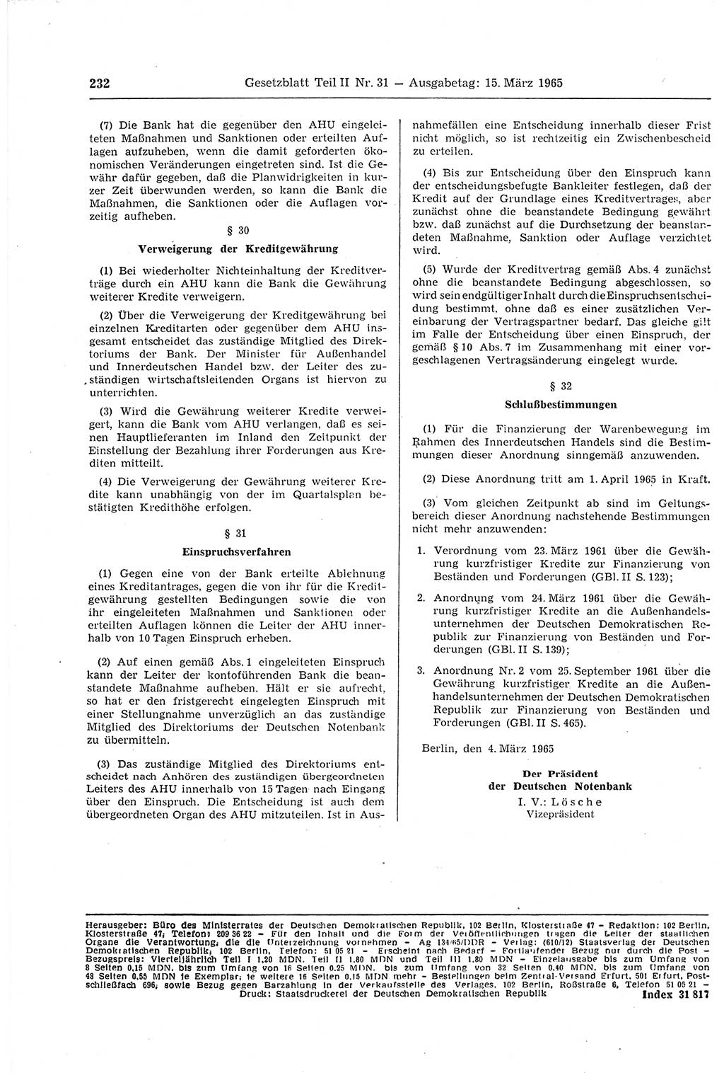 Gesetzblatt (GBl.) der Deutschen Demokratischen Republik (DDR) Teil ⅠⅠ 1965, Seite 232 (GBl. DDR ⅠⅠ 1965, S. 232)