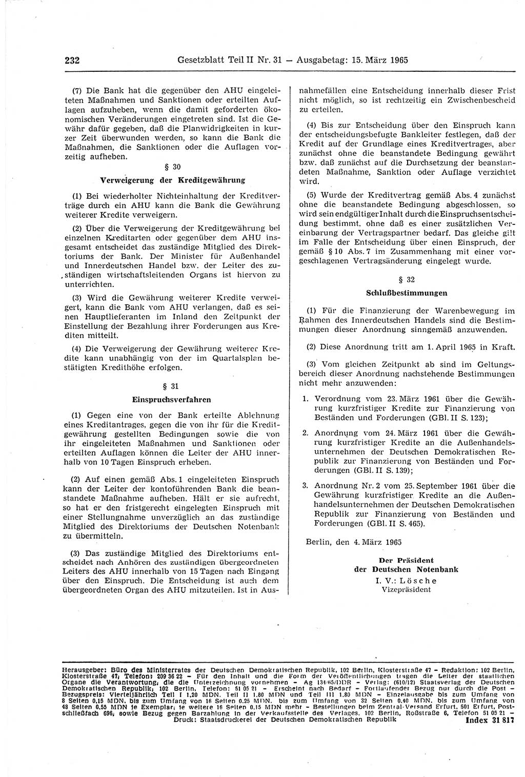 Gesetzblatt (GBl.) der Deutschen Demokratischen Republik (DDR) Teil ⅠⅠ 1965, Seite 232 (GBl. DDR ⅠⅠ 1965, S. 232)