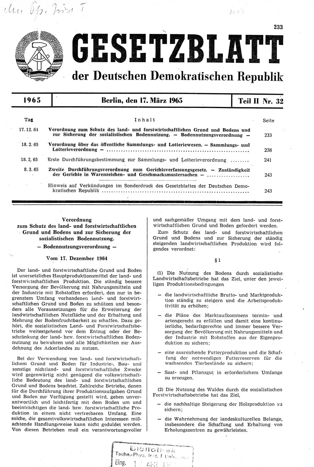 Gesetzblatt (GBl.) der Deutschen Demokratischen Republik (DDR) Teil ⅠⅠ 1965, Seite 233 (GBl. DDR ⅠⅠ 1965, S. 233)