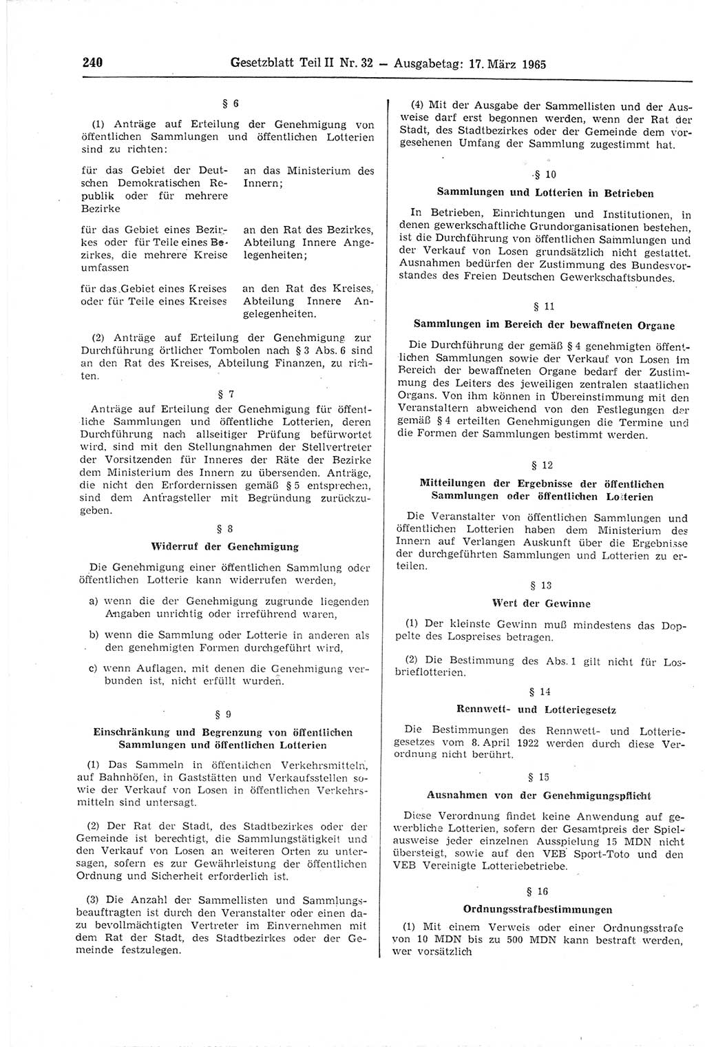 Gesetzblatt (GBl.) der Deutschen Demokratischen Republik (DDR) Teil ⅠⅠ 1965, Seite 240 (GBl. DDR ⅠⅠ 1965, S. 240)