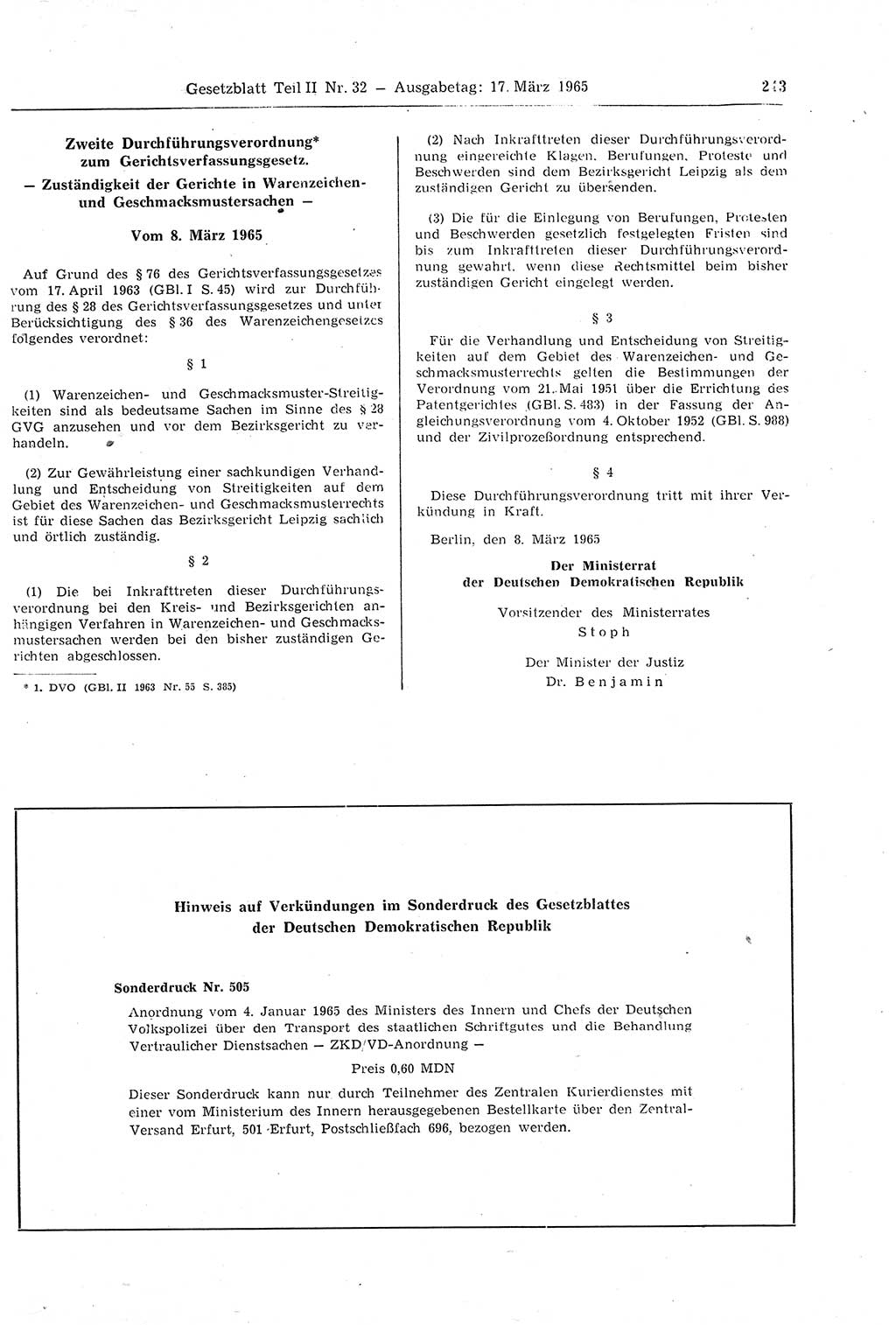 Gesetzblatt (GBl.) der Deutschen Demokratischen Republik (DDR) Teil ⅠⅠ 1965, Seite 243 (GBl. DDR ⅠⅠ 1965, S. 243)