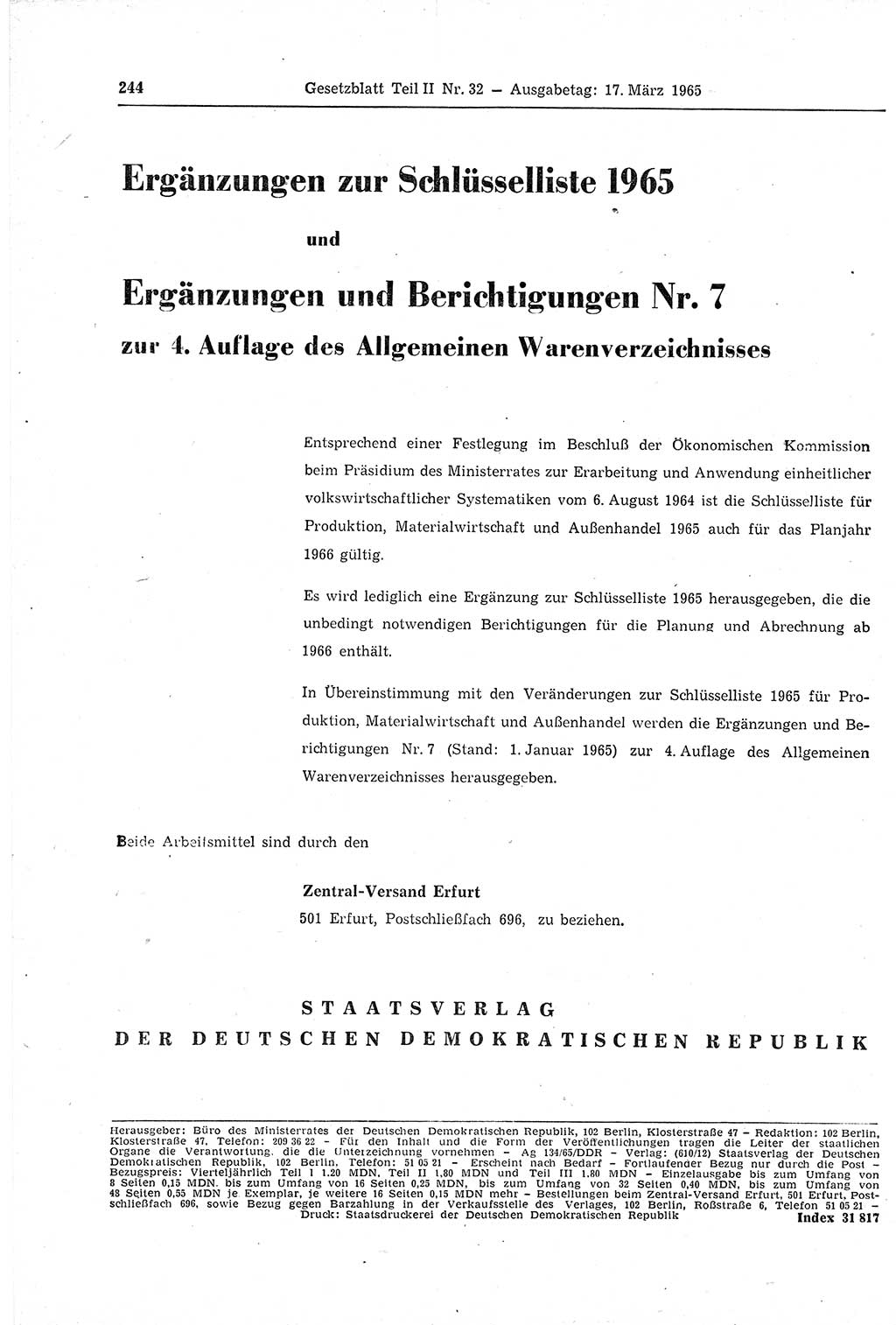 Gesetzblatt (GBl.) der Deutschen Demokratischen Republik (DDR) Teil ⅠⅠ 1965, Seite 244 (GBl. DDR ⅠⅠ 1965, S. 244)