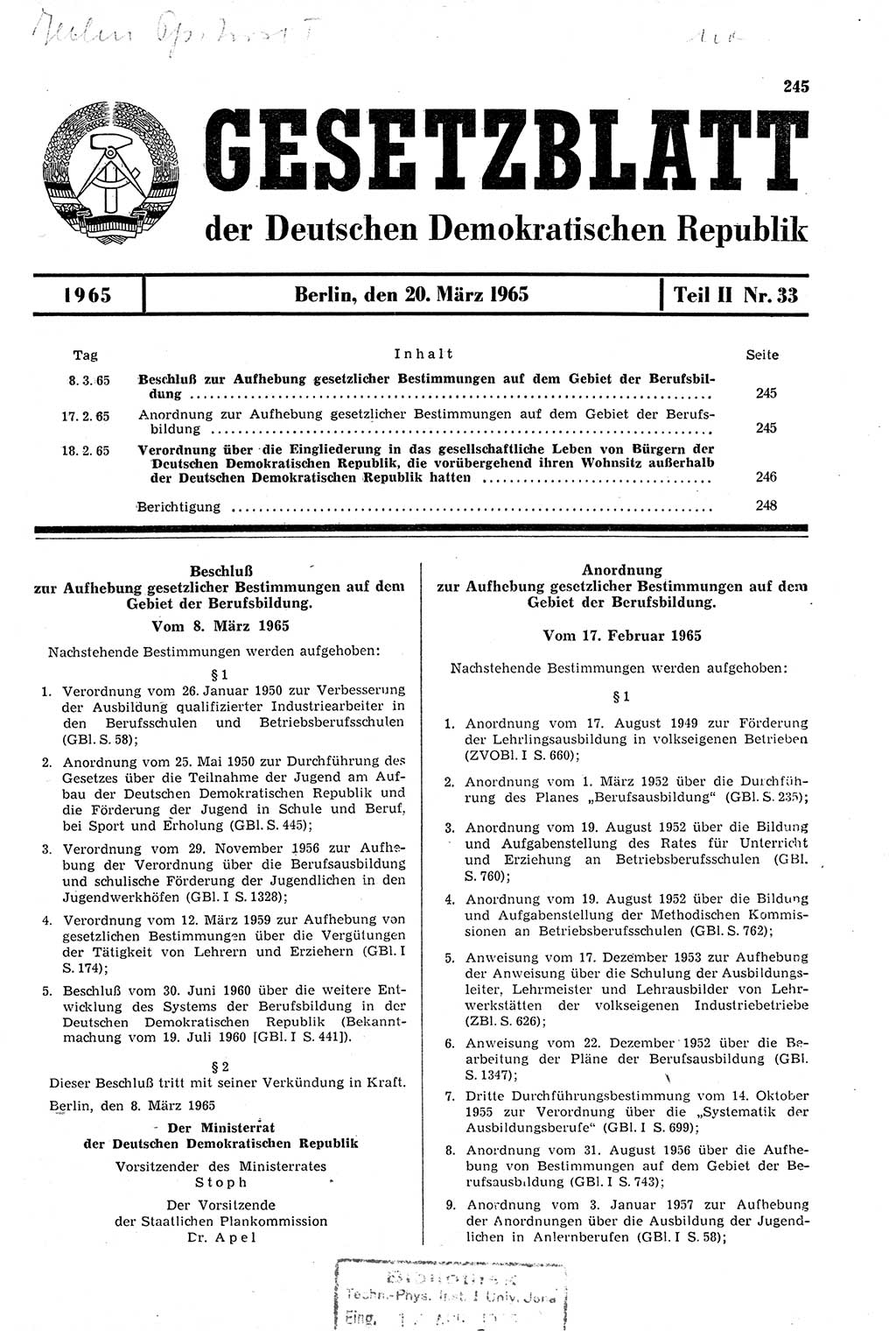 Gesetzblatt (GBl.) der Deutschen Demokratischen Republik (DDR) Teil ⅠⅠ 1965, Seite 245 (GBl. DDR ⅠⅠ 1965, S. 245)