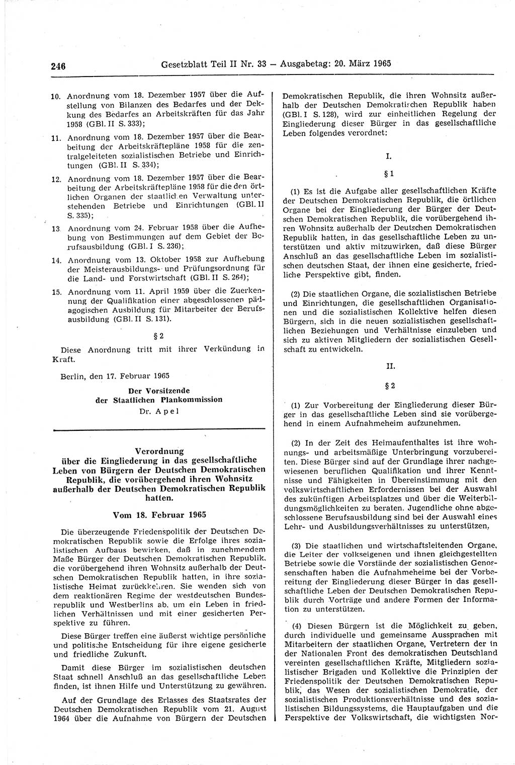 Gesetzblatt (GBl.) der Deutschen Demokratischen Republik (DDR) Teil ⅠⅠ 1965, Seite 246 (GBl. DDR ⅠⅠ 1965, S. 246)