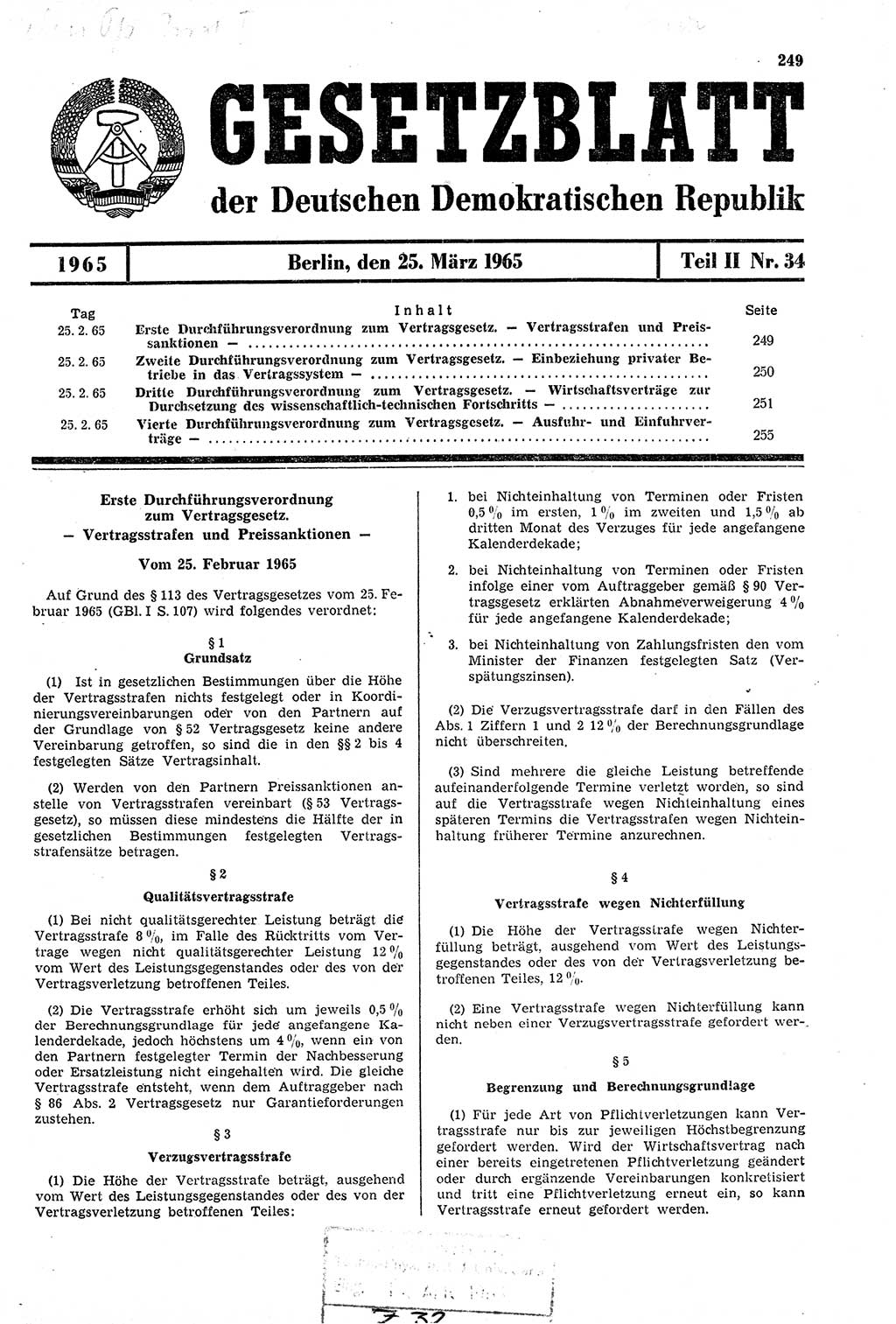 Gesetzblatt (GBl.) der Deutschen Demokratischen Republik (DDR) Teil ⅠⅠ 1965, Seite 249 (GBl. DDR ⅠⅠ 1965, S. 249)