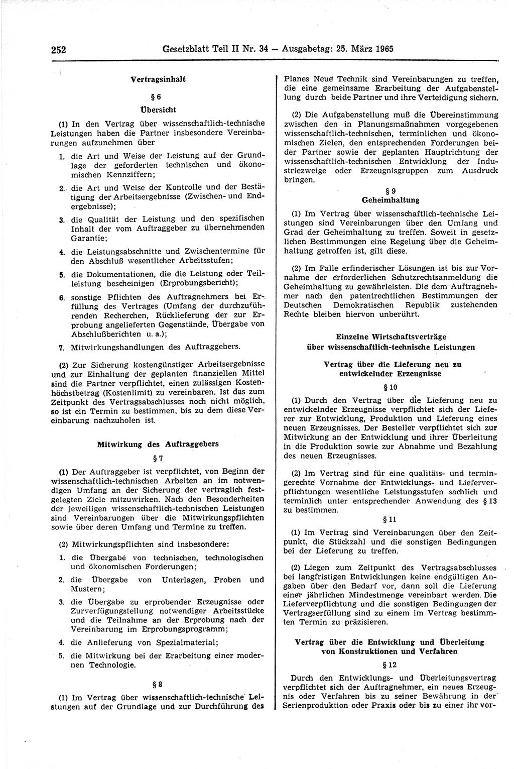 Gesetzblatt (GBl.) der Deutschen Demokratischen Republik (DDR) Teil ⅠⅠ 1965, Seite 252 (GBl. DDR ⅠⅠ 1965, S. 252)