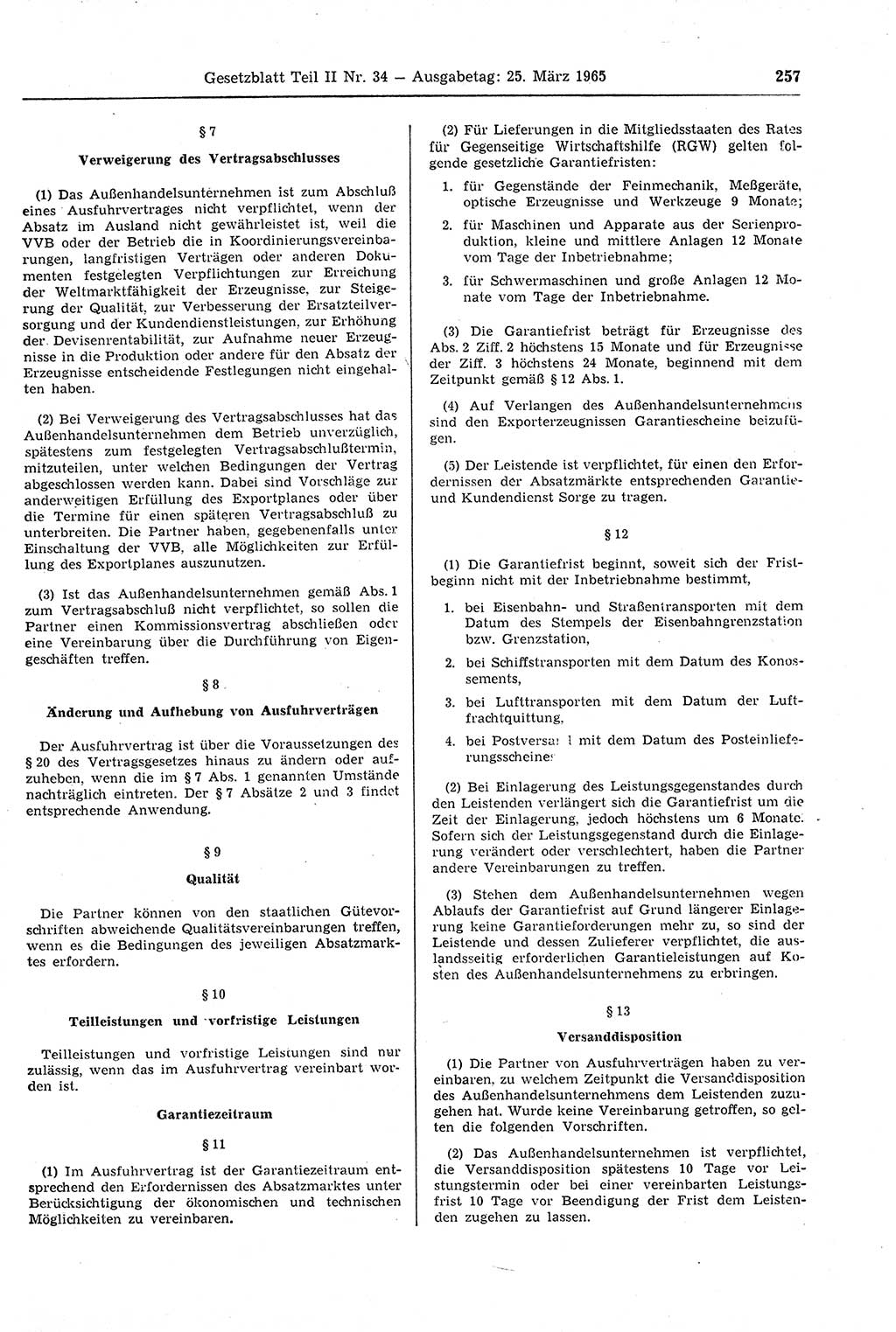 Gesetzblatt (GBl.) der Deutschen Demokratischen Republik (DDR) Teil ⅠⅠ 1965, Seite 257 (GBl. DDR ⅠⅠ 1965, S. 257)