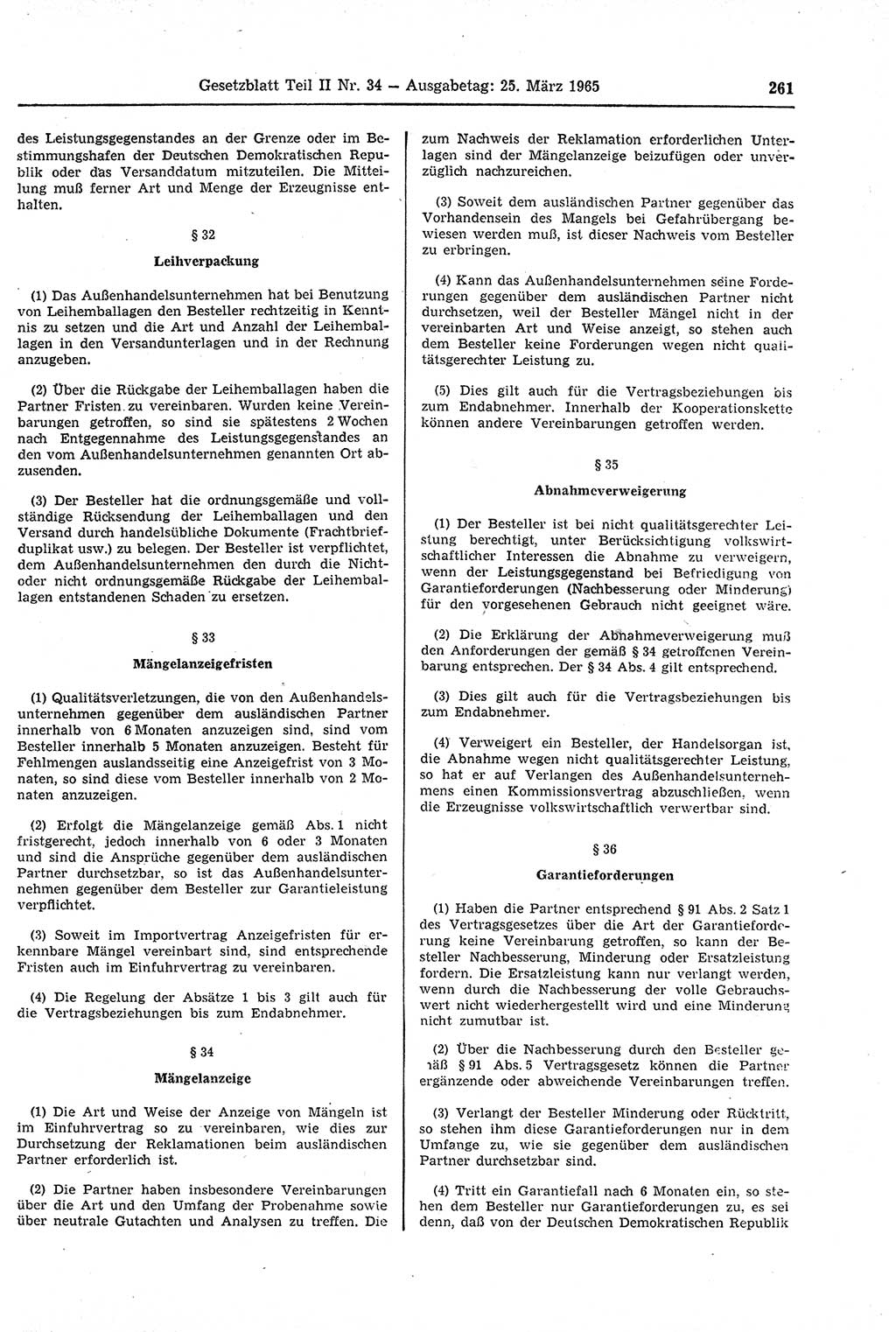 Gesetzblatt (GBl.) der Deutschen Demokratischen Republik (DDR) Teil ⅠⅠ 1965, Seite 261 (GBl. DDR ⅠⅠ 1965, S. 261)