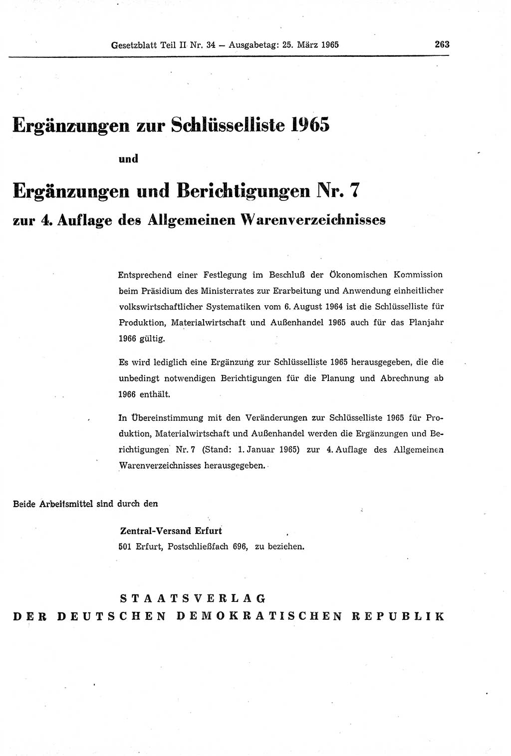 Gesetzblatt (GBl.) der Deutschen Demokratischen Republik (DDR) Teil ⅠⅠ 1965, Seite 263 (GBl. DDR ⅠⅠ 1965, S. 263)