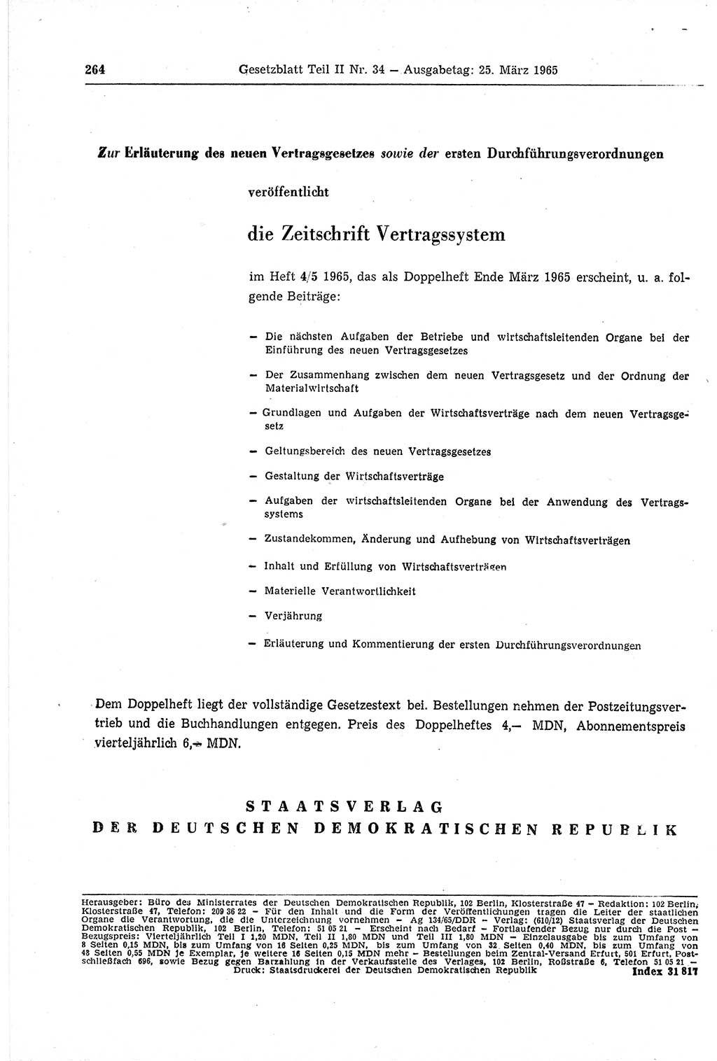 Gesetzblatt (GBl.) der Deutschen Demokratischen Republik (DDR) Teil ⅠⅠ 1965, Seite 264 (GBl. DDR ⅠⅠ 1965, S. 264)
