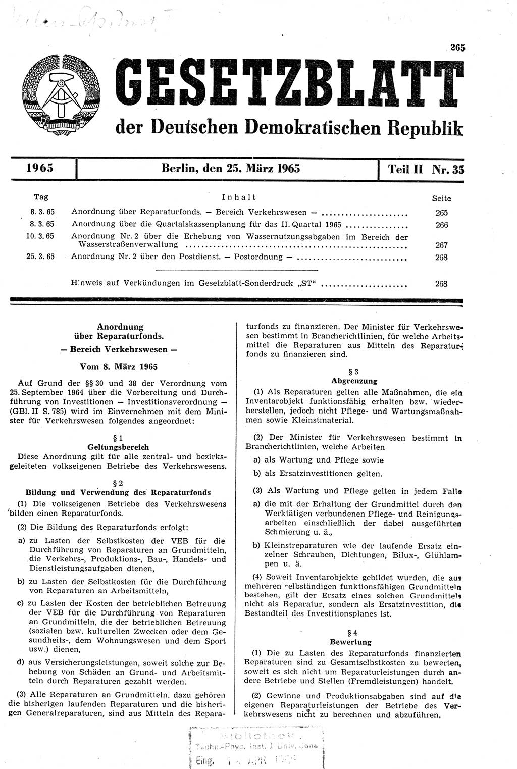 Gesetzblatt (GBl.) der Deutschen Demokratischen Republik (DDR) Teil ⅠⅠ 1965, Seite 265 (GBl. DDR ⅠⅠ 1965, S. 265)