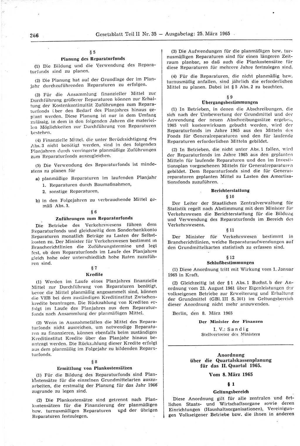 Gesetzblatt (GBl.) der Deutschen Demokratischen Republik (DDR) Teil ⅠⅠ 1965, Seite 266 (GBl. DDR ⅠⅠ 1965, S. 266)