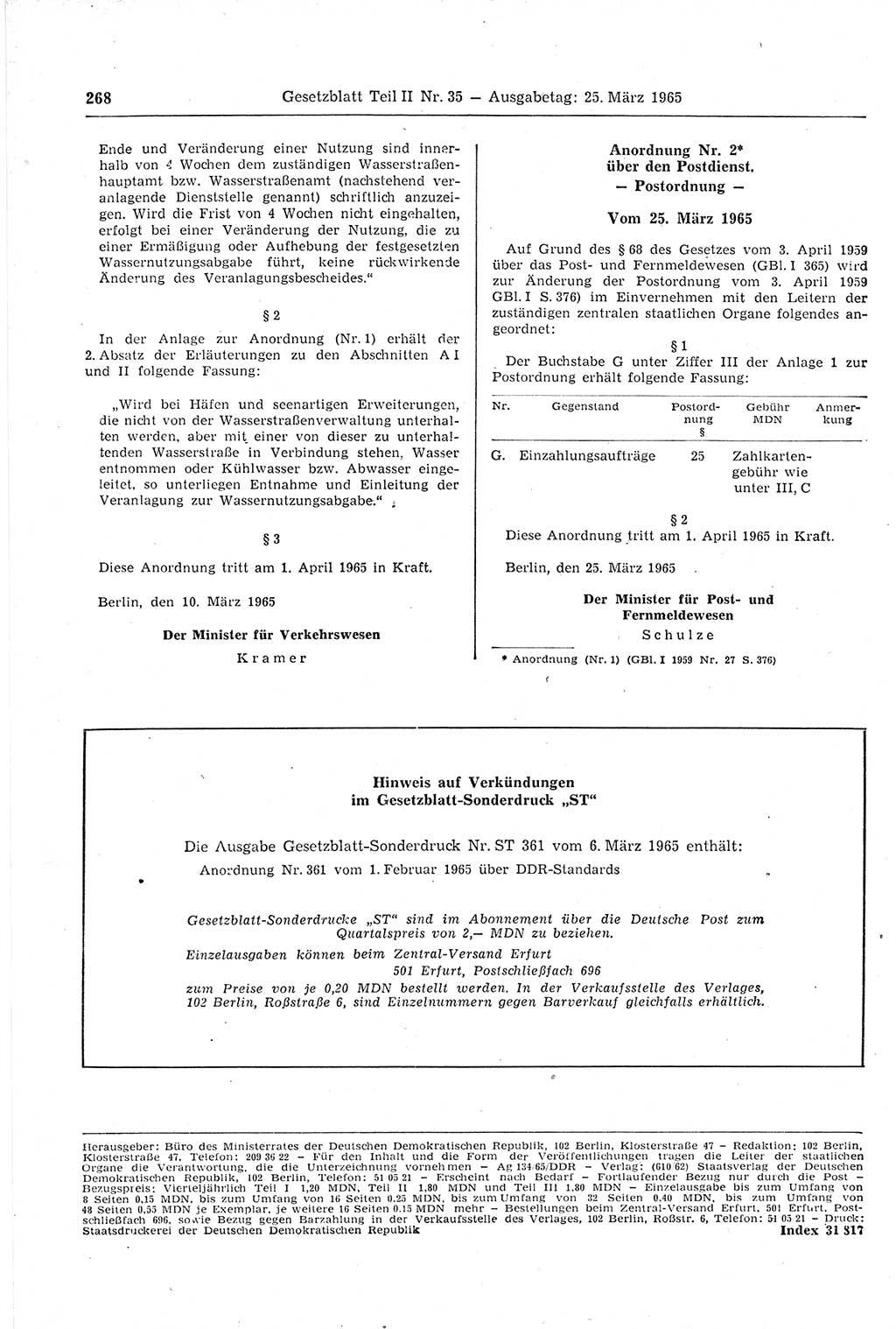 Gesetzblatt (GBl.) der Deutschen Demokratischen Republik (DDR) Teil ⅠⅠ 1965, Seite 268 (GBl. DDR ⅠⅠ 1965, S. 268)