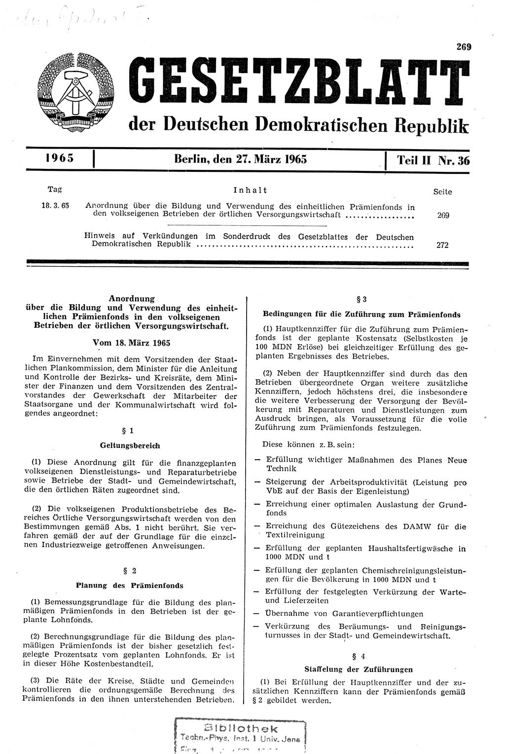 Gesetzblatt (GBl.) der Deutschen Demokratischen Republik (DDR) Teil ⅠⅠ 1965, Seite 269 (GBl. DDR ⅠⅠ 1965, S. 269)