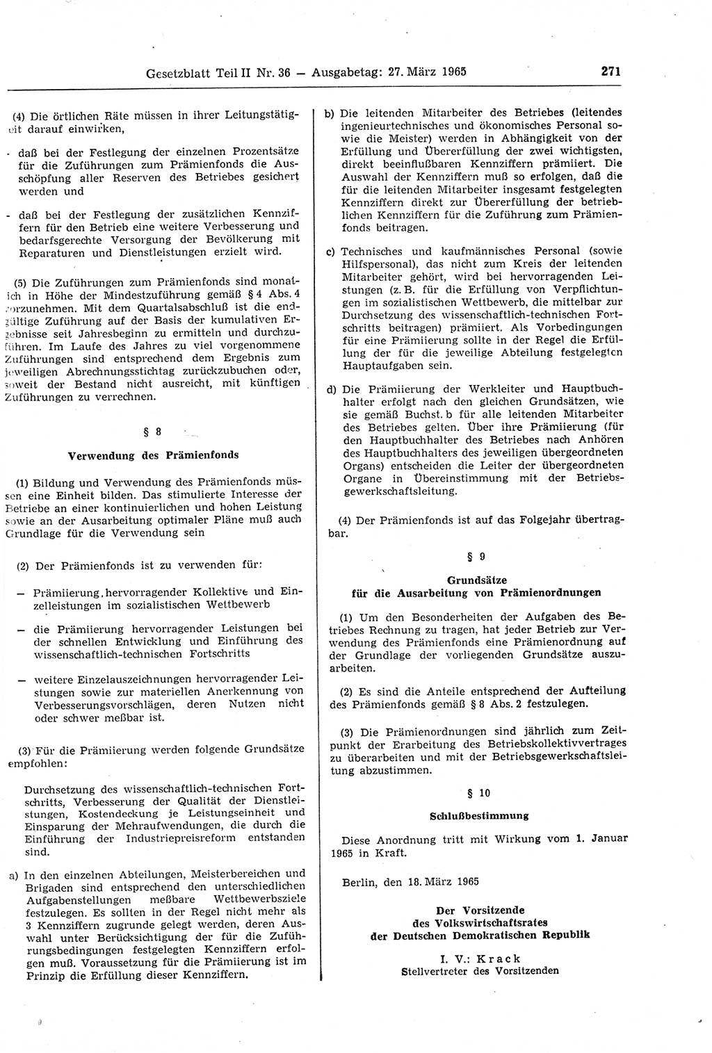 Gesetzblatt (GBl.) der Deutschen Demokratischen Republik (DDR) Teil ⅠⅠ 1965, Seite 271 (GBl. DDR ⅠⅠ 1965, S. 271)