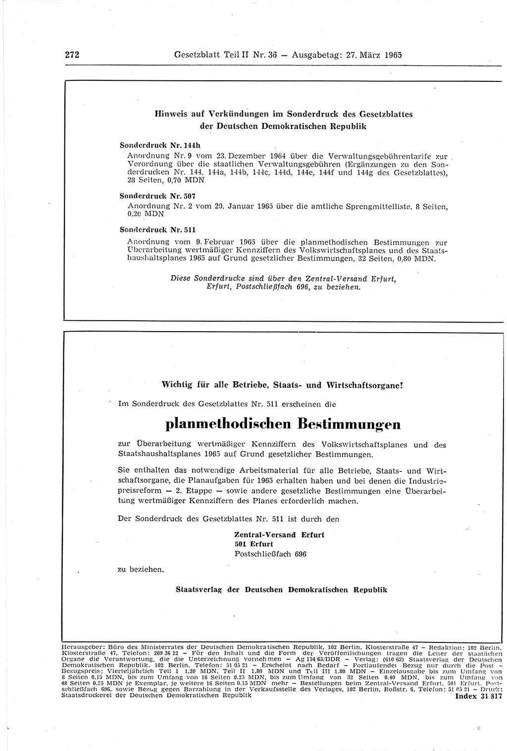 Gesetzblatt (GBl.) der Deutschen Demokratischen Republik (DDR) Teil ⅠⅠ 1965, Seite 272 (GBl. DDR ⅠⅠ 1965, S. 272)