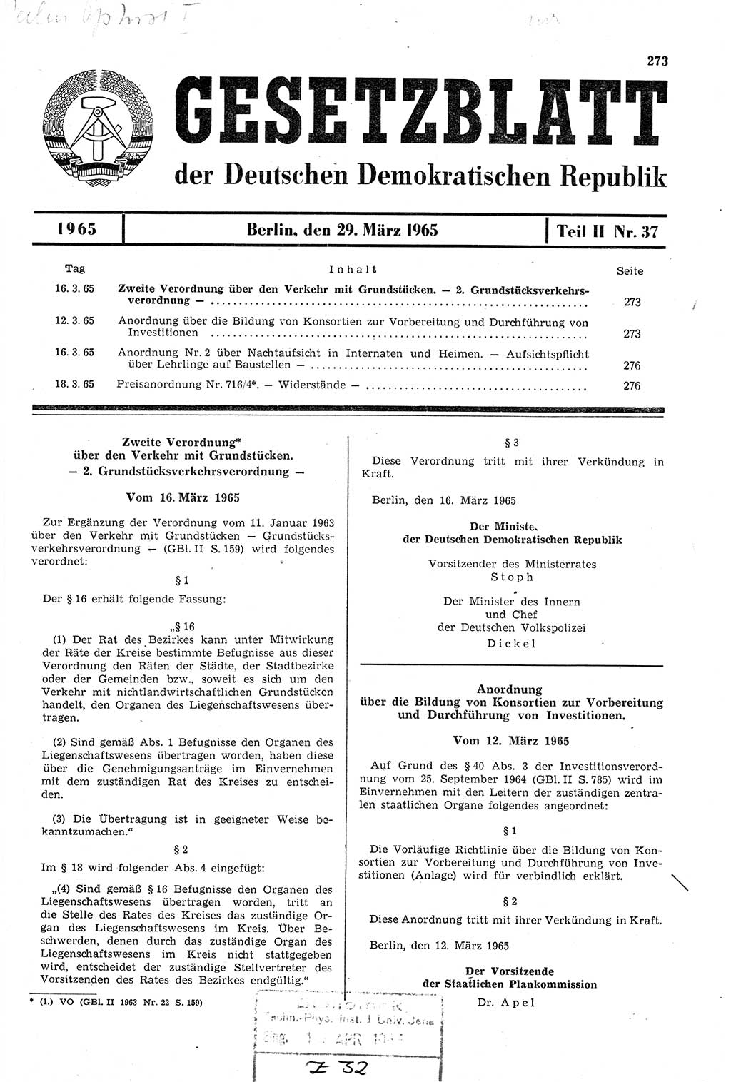 Gesetzblatt (GBl.) der Deutschen Demokratischen Republik (DDR) Teil ⅠⅠ 1965, Seite 273 (GBl. DDR ⅠⅠ 1965, S. 273)