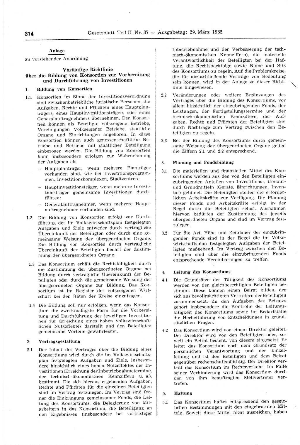 Gesetzblatt (GBl.) der Deutschen Demokratischen Republik (DDR) Teil ⅠⅠ 1965, Seite 274 (GBl. DDR ⅠⅠ 1965, S. 274)