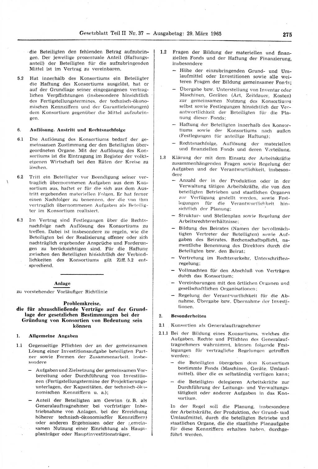 Gesetzblatt (GBl.) der Deutschen Demokratischen Republik (DDR) Teil ⅠⅠ 1965, Seite 275 (GBl. DDR ⅠⅠ 1965, S. 275)