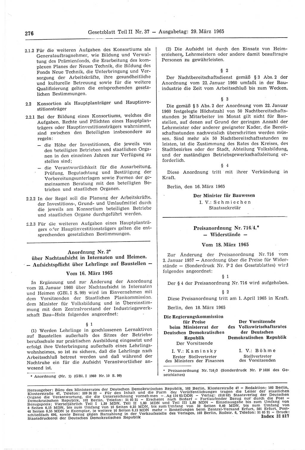 Gesetzblatt (GBl.) der Deutschen Demokratischen Republik (DDR) Teil ⅠⅠ 1965, Seite 276 (GBl. DDR ⅠⅠ 1965, S. 276)