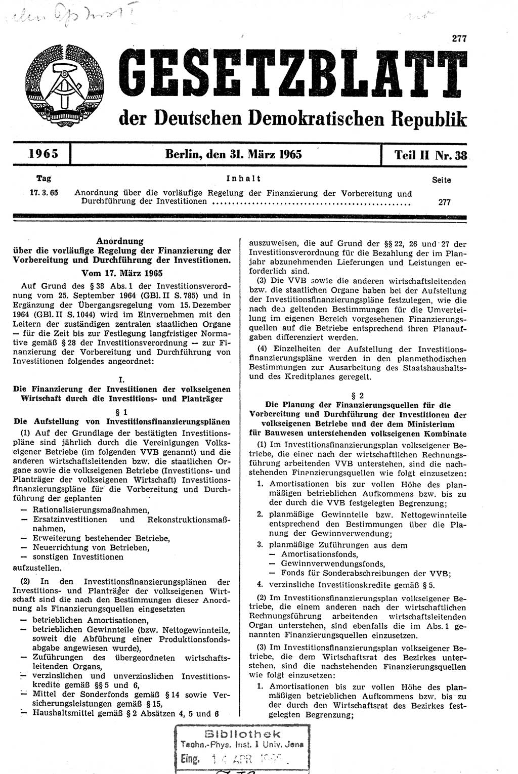 Gesetzblatt (GBl.) der Deutschen Demokratischen Republik (DDR) Teil ⅠⅠ 1965, Seite 277 (GBl. DDR ⅠⅠ 1965, S. 277)