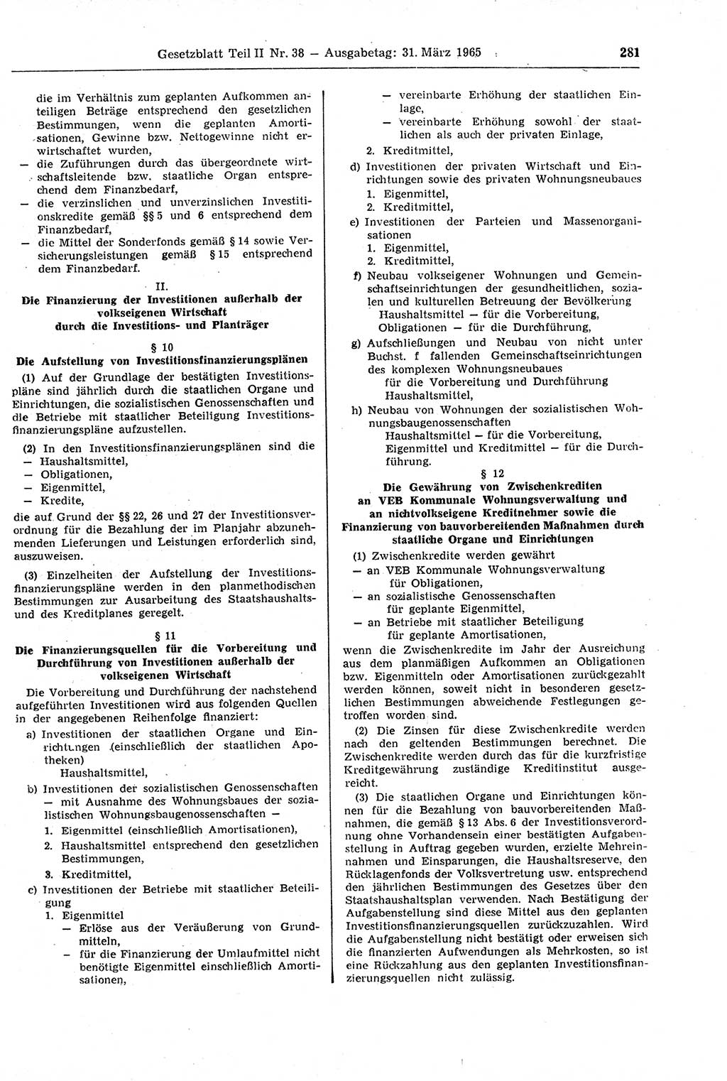 Gesetzblatt (GBl.) der Deutschen Demokratischen Republik (DDR) Teil ⅠⅠ 1965, Seite 281 (GBl. DDR ⅠⅠ 1965, S. 281)