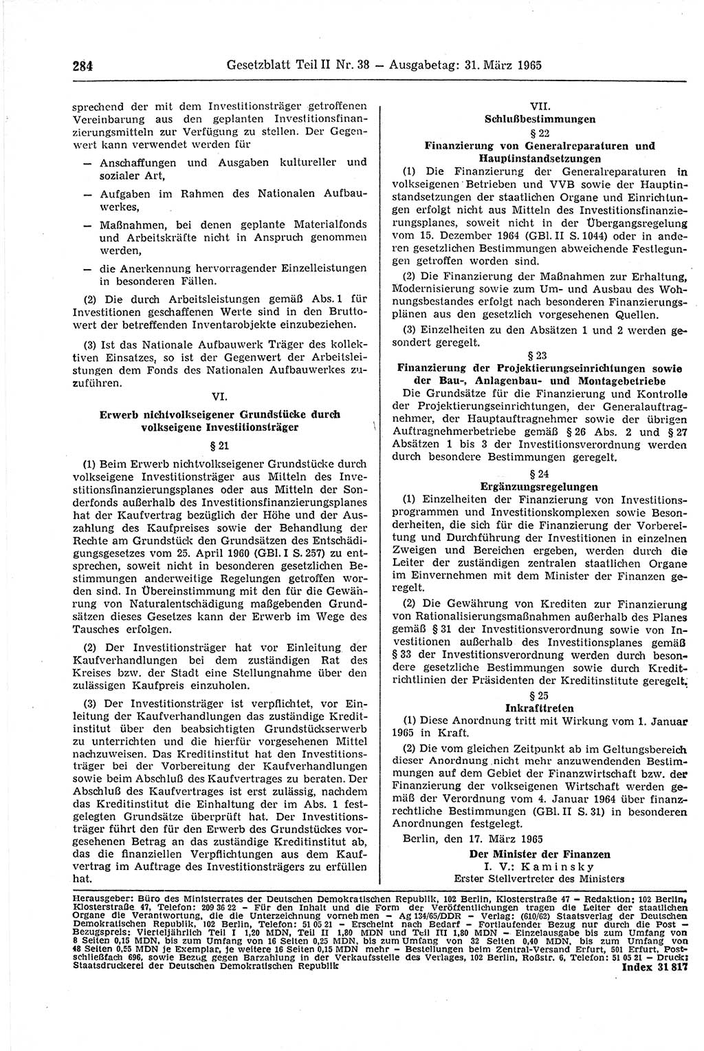 Gesetzblatt (GBl.) der Deutschen Demokratischen Republik (DDR) Teil ⅠⅠ 1965, Seite 284 (GBl. DDR ⅠⅠ 1965, S. 284)