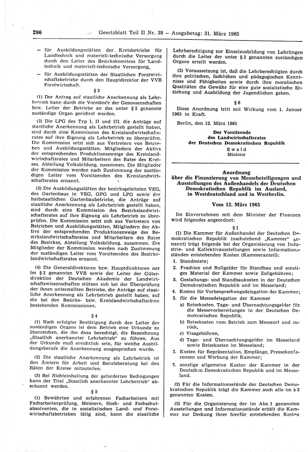 Gesetzblatt (GBl.) der Deutschen Demokratischen Republik (DDR) Teil ⅠⅠ 1965, Seite 286 (GBl. DDR ⅠⅠ 1965, S. 286)