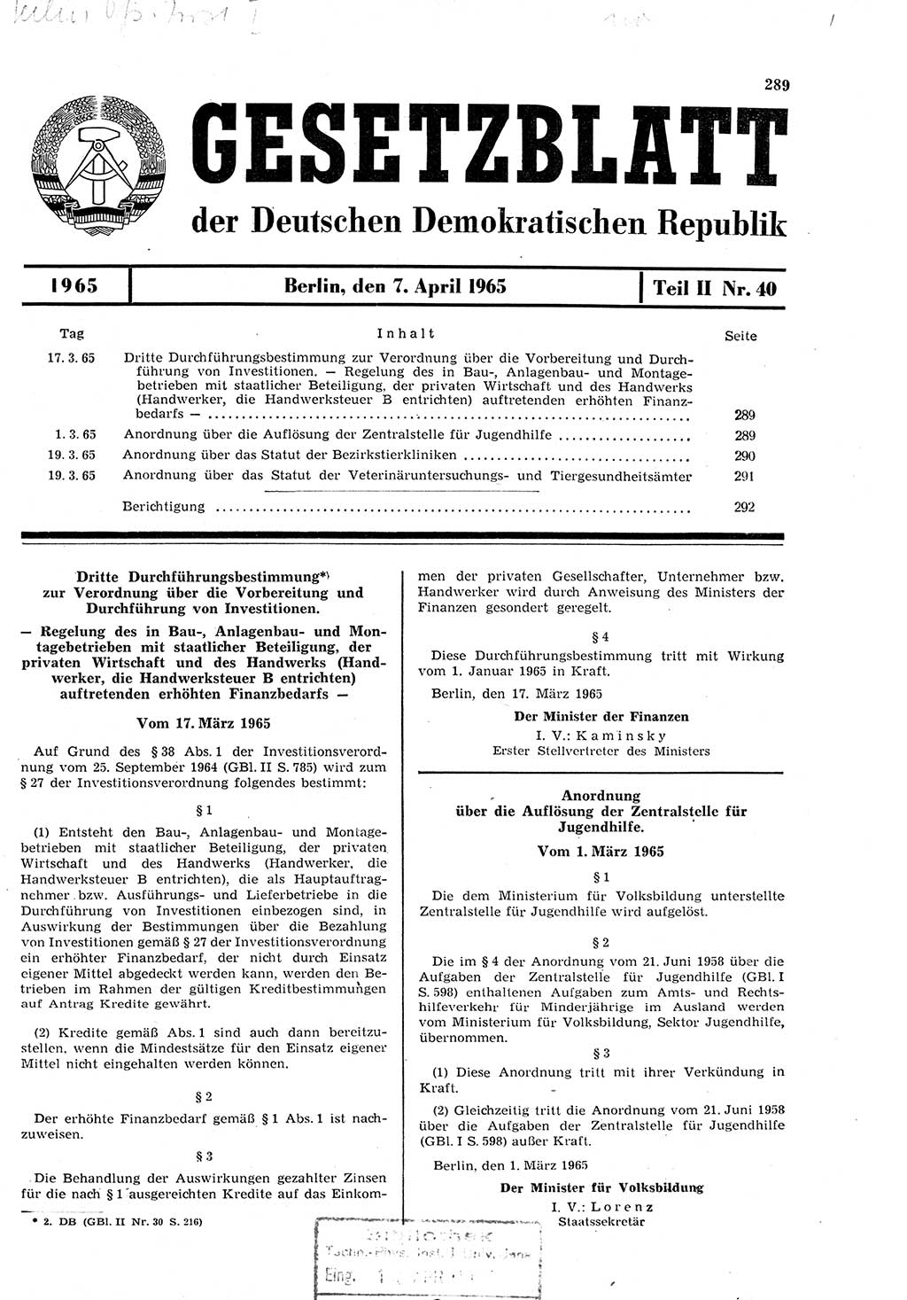 Gesetzblatt (GBl.) der Deutschen Demokratischen Republik (DDR) Teil ⅠⅠ 1965, Seite 289 (GBl. DDR ⅠⅠ 1965, S. 289)
