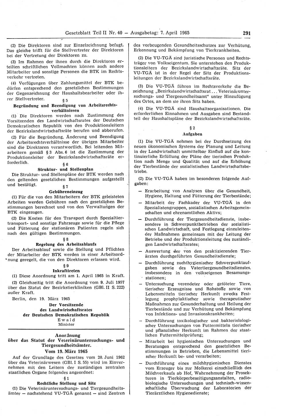 Gesetzblatt (GBl.) der Deutschen Demokratischen Republik (DDR) Teil ⅠⅠ 1965, Seite 291 (GBl. DDR ⅠⅠ 1965, S. 291)