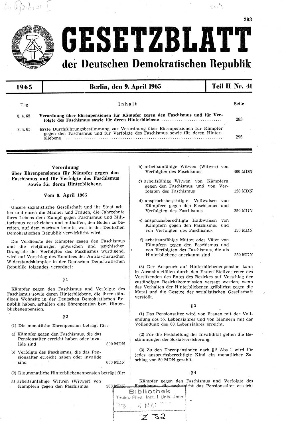 Gesetzblatt (GBl.) der Deutschen Demokratischen Republik (DDR) Teil ⅠⅠ 1965, Seite 293 (GBl. DDR ⅠⅠ 1965, S. 293)