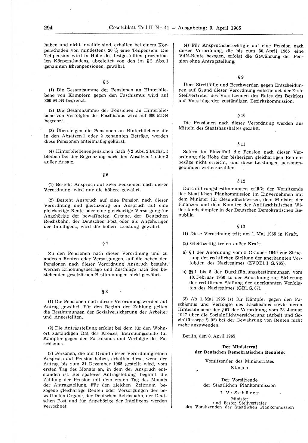 Gesetzblatt (GBl.) der Deutschen Demokratischen Republik (DDR) Teil ⅠⅠ 1965, Seite 294 (GBl. DDR ⅠⅠ 1965, S. 294)
