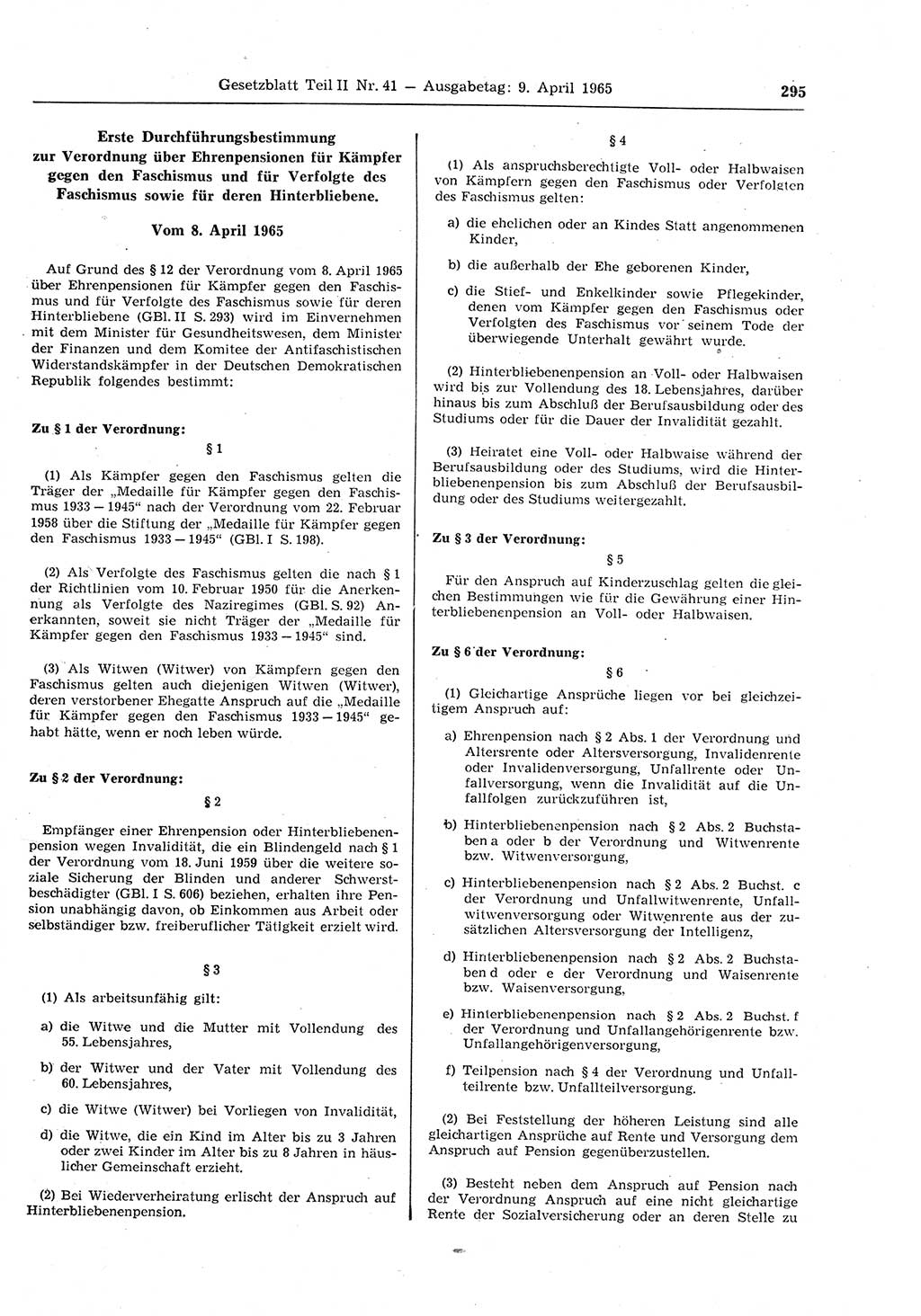 Gesetzblatt (GBl.) der Deutschen Demokratischen Republik (DDR) Teil ⅠⅠ 1965, Seite 295 (GBl. DDR ⅠⅠ 1965, S. 295)