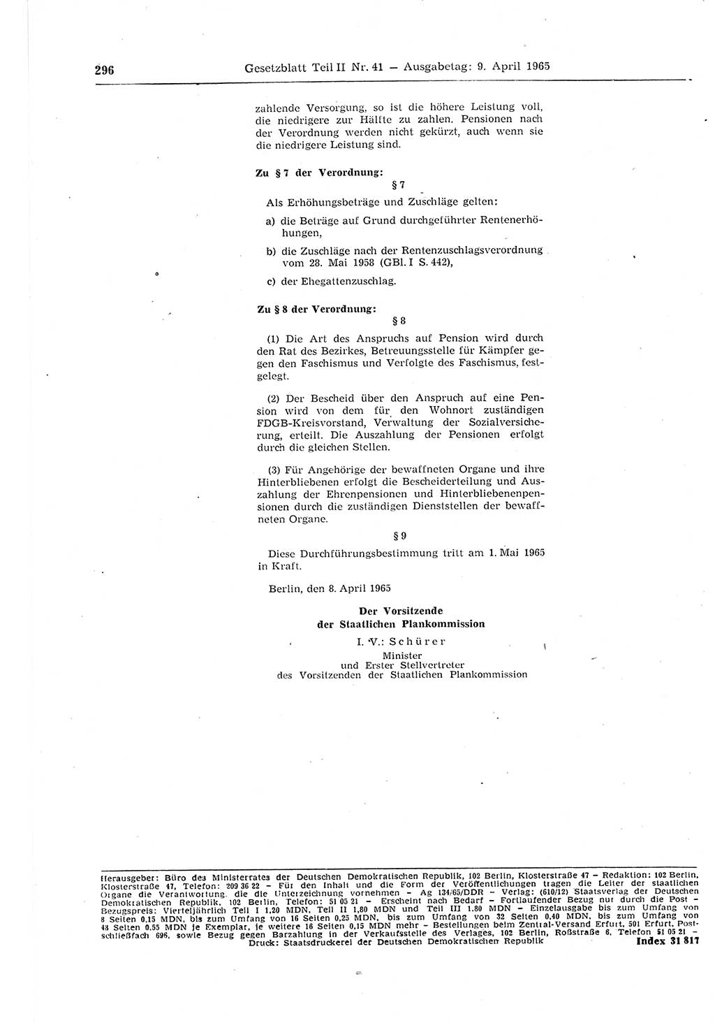 Gesetzblatt (GBl.) der Deutschen Demokratischen Republik (DDR) Teil ⅠⅠ 1965, Seite 296 (GBl. DDR ⅠⅠ 1965, S. 296)