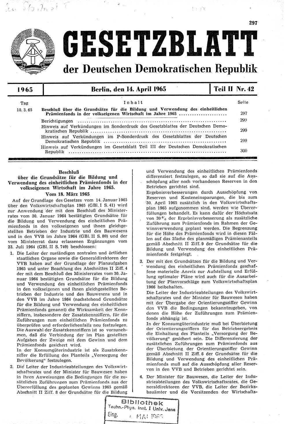 Gesetzblatt (GBl.) der Deutschen Demokratischen Republik (DDR) Teil ⅠⅠ 1965, Seite 297 (GBl. DDR ⅠⅠ 1965, S. 297)