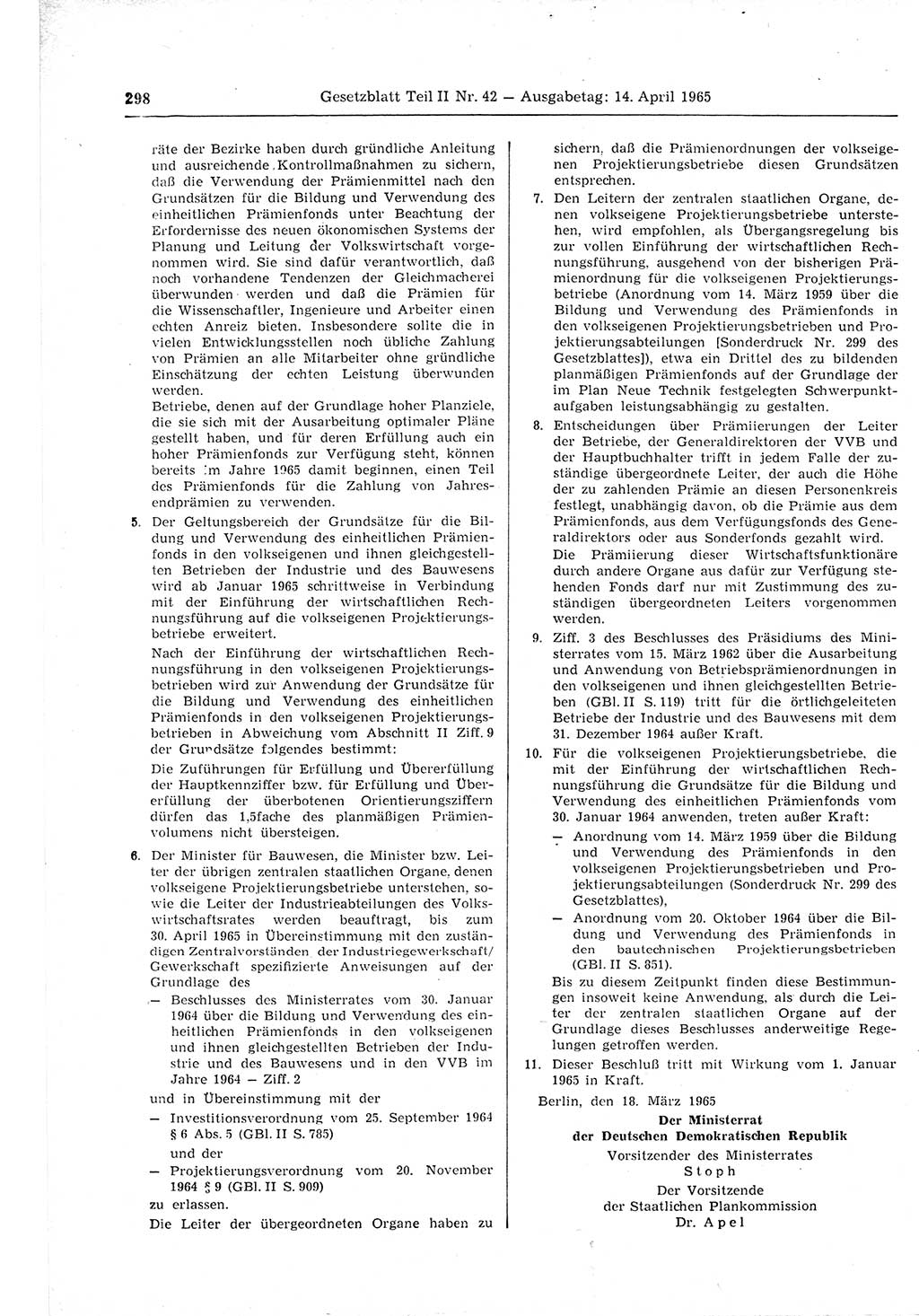 Gesetzblatt (GBl.) der Deutschen Demokratischen Republik (DDR) Teil ⅠⅠ 1965, Seite 298 (GBl. DDR ⅠⅠ 1965, S. 298)