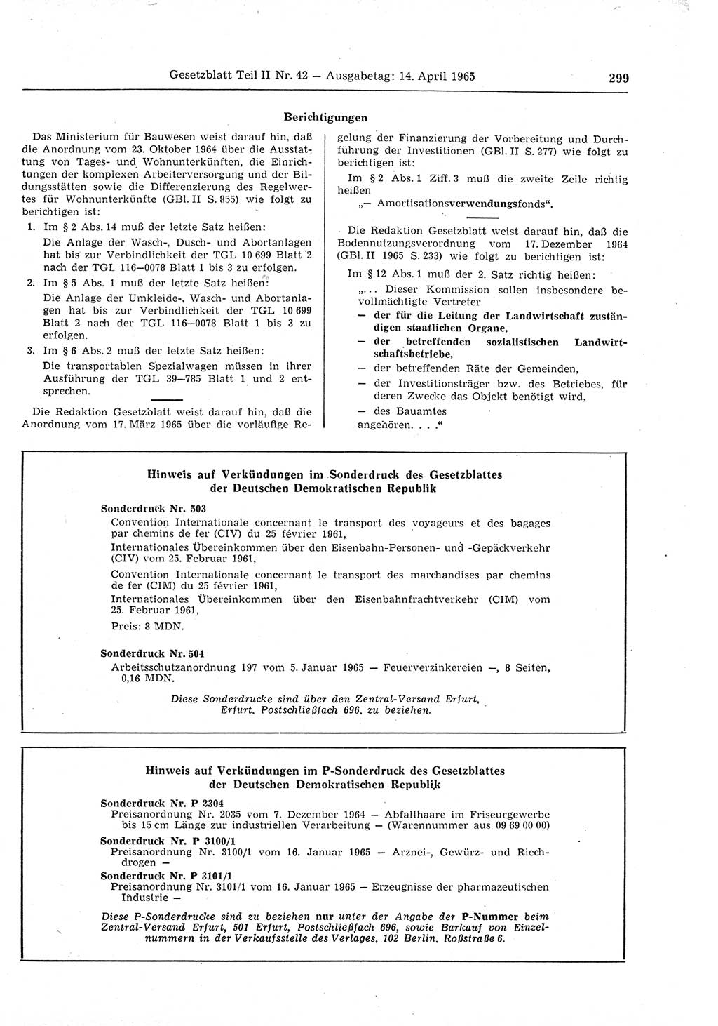 Gesetzblatt (GBl.) der Deutschen Demokratischen Republik (DDR) Teil ⅠⅠ 1965, Seite 299 (GBl. DDR ⅠⅠ 1965, S. 299)