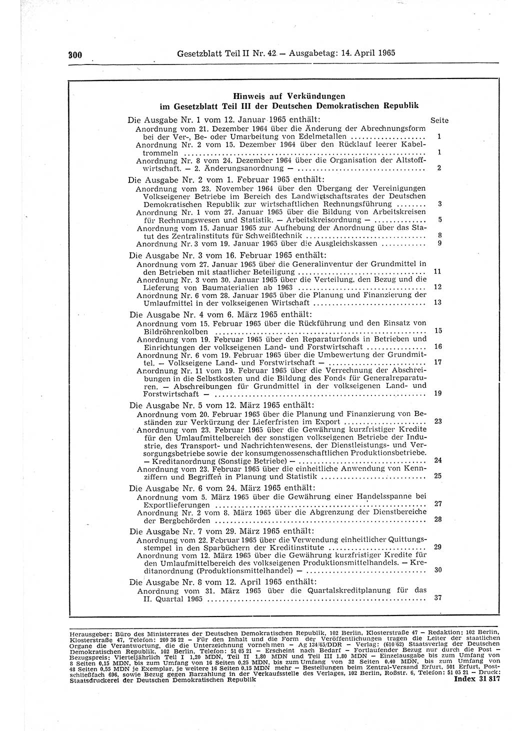 Gesetzblatt (GBl.) der Deutschen Demokratischen Republik (DDR) Teil ⅠⅠ 1965, Seite 300 (GBl. DDR ⅠⅠ 1965, S. 300)